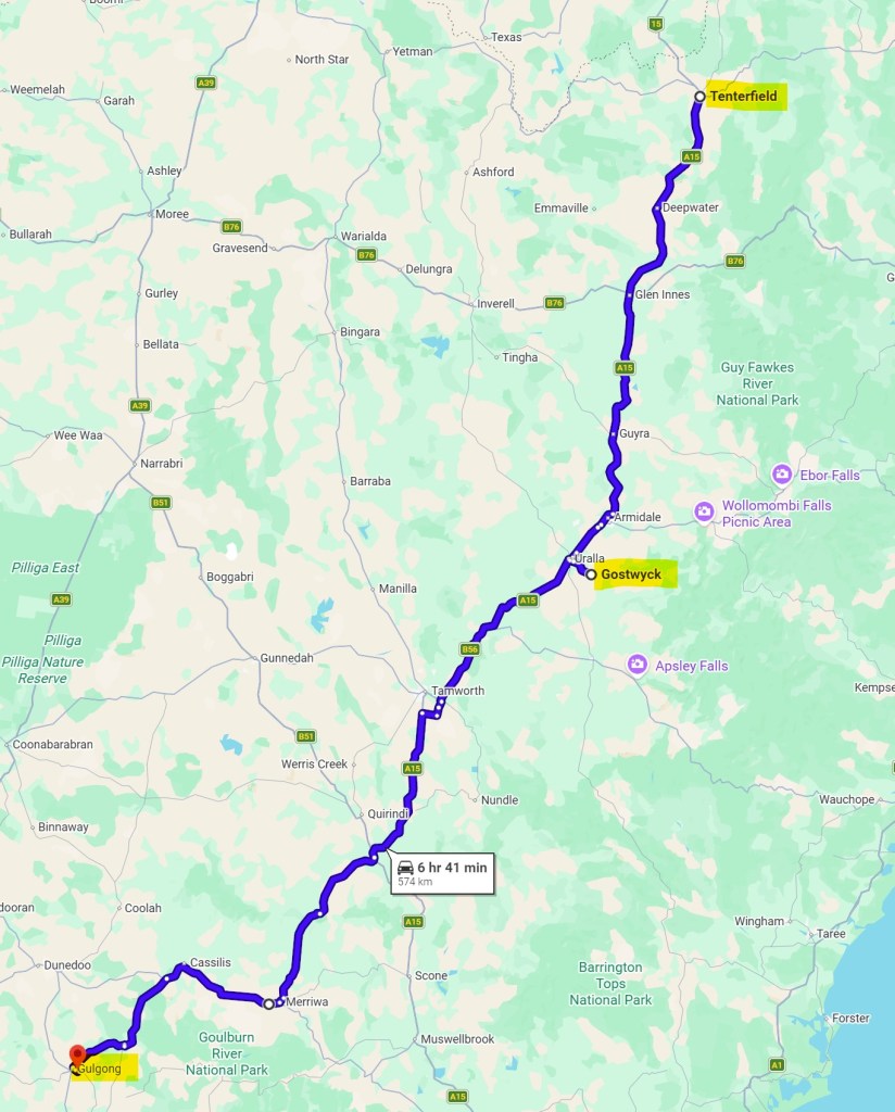 Map showing a route from Gulgong to Tenterfield, highlighting key locations along the way and estimated travel time of 6 hours and 41 minutes for a distance of 574 kilometers.